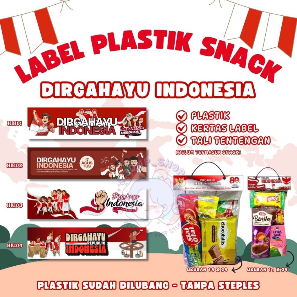 

LABEL PLASTIK SNACK BINGKISAN AGUSTUS DIRGAHAYU INDONESIA KADO CUSTOM SOUVENIR PLASTIK JAJAN HAMPERS HADIAH LOMBA DIRGAHAYU INDONESIA 17 AGUSTUS MOMEN KEMERDEKAAN