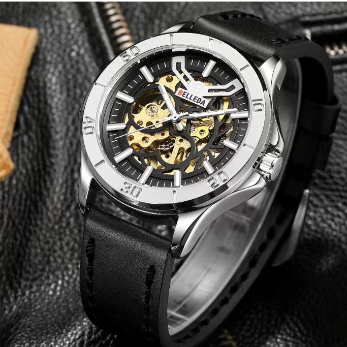 BELLEDA 9482 Jam Tangan Pria Kulit Otomatis Tanpa Baterai Anti Air Original Terbaru Casual Tahan Air