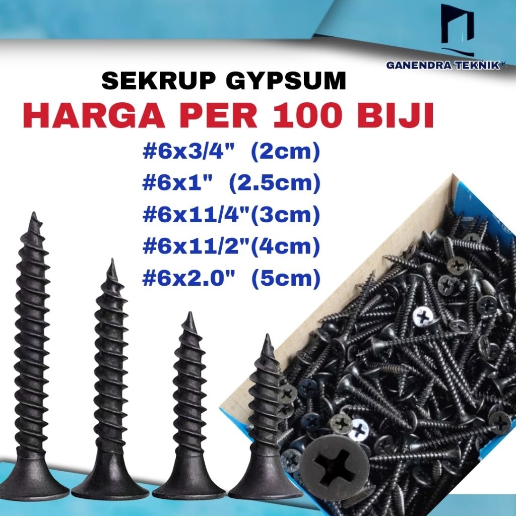 [100Pcs] Sekrup Gypsum Baja - Baut Skrup Kayu Drywall Screw Hitam 1" - 2" Inch
