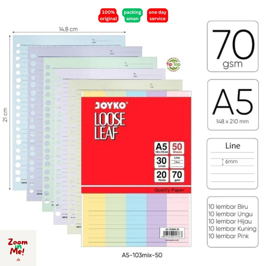 

Loose Leaf A5 Joyko Isi 50 Warna Warni (Mix) / Isi Refil Binder A5 50 Lembar (Mix Warna)