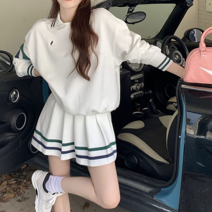 Kaus olahraga polo leher bergaris wanita awal musim gugur jaket lengan panjang retro Amerika retro p