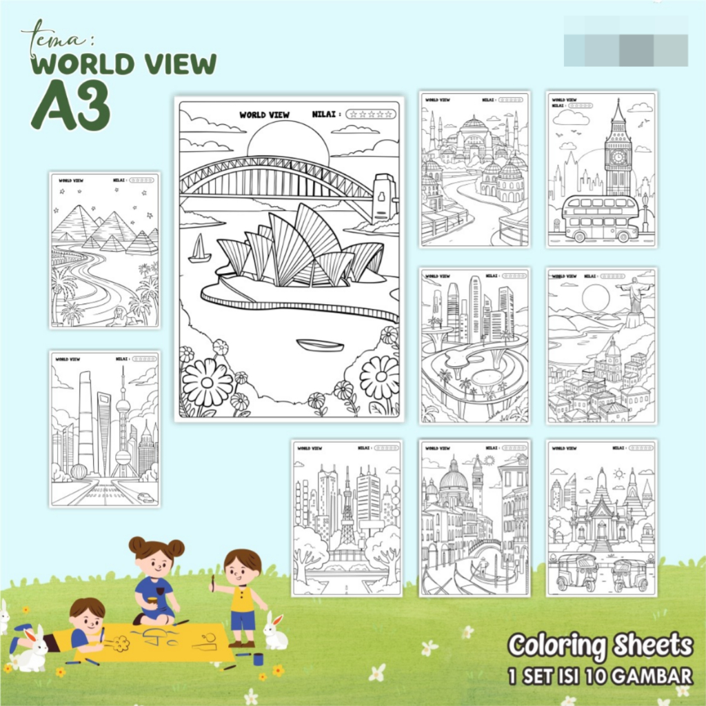 

KERTAS GAMBAR MEWARNAI TEMA WORLD VIEW - LEMBAR COLORING SHEETS FOR KIDS ISI 10 LEMBAR [A3] READY