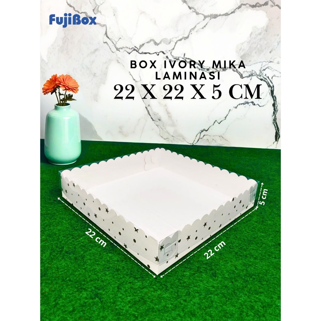 

( 10 Pcs ) Fuji Box Dus Kotak Kue hampers puding cake Ivory Motif laminasi 22 cm x 22 cm x 5 cm Premium Tutup Mika Full
