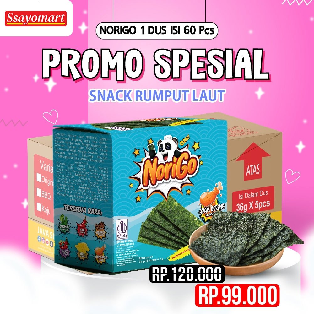 

Norigo Ayam Goreng (1 DUS ISI 5 PACK) FREE 10 PCS / Nori Sachet Seaweed Snack 3g Rumput Laut Halal Rasa Ayam Goreng