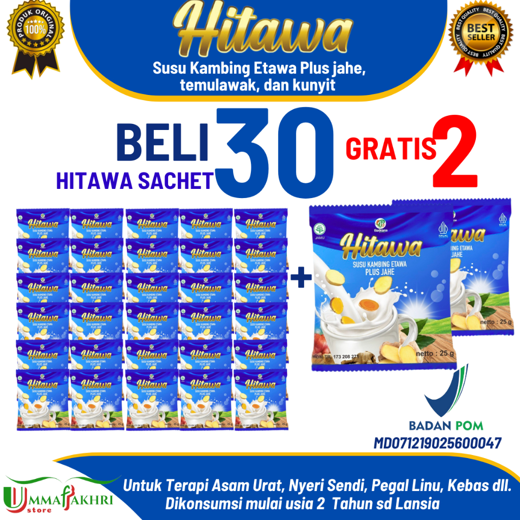 

HITAWA SACHET / Netto 1KG isi 32 Pcs / Susu Etawa Plus Herbal Jahe Kunyit Temulawak