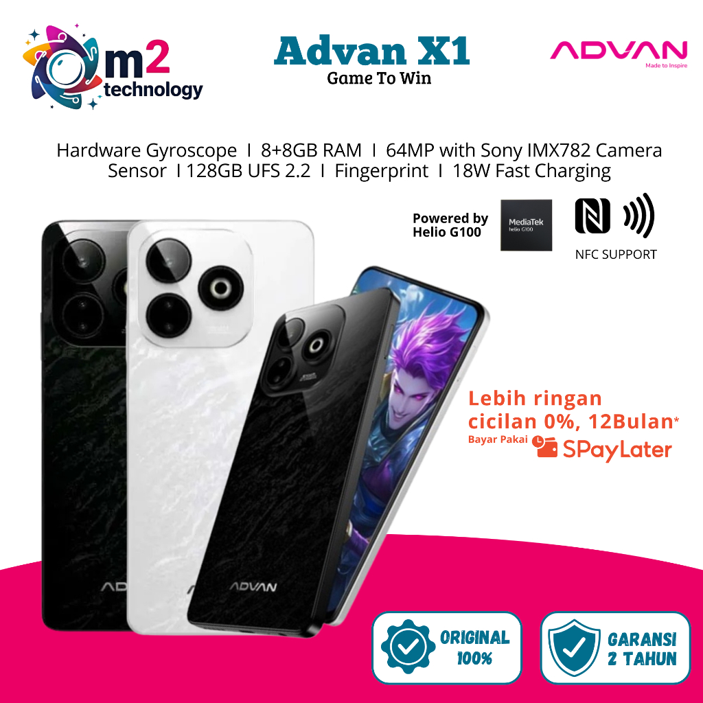 ADVAN Smartphone X1 Mediatek Helio G100 8GB+8GB/128GB High 120Hz IPS FHD+ Sony 64MP UFS 2.2 NFC