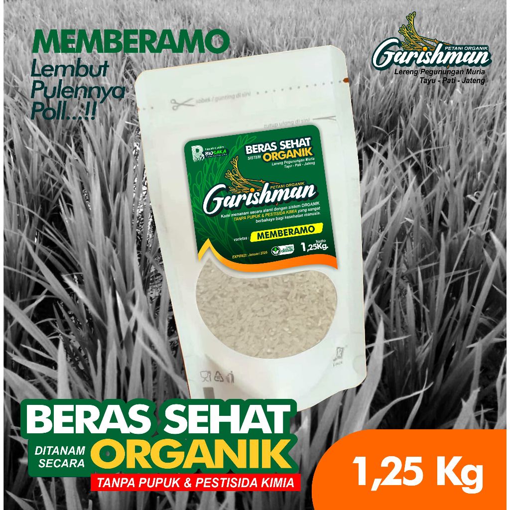 

Beras Organik MEMBERAMO aroma harum & pulen. kemasan 1,25 kg | Beras Sehat | Beras Mentik Wangi susu 1,25 KG. Organik