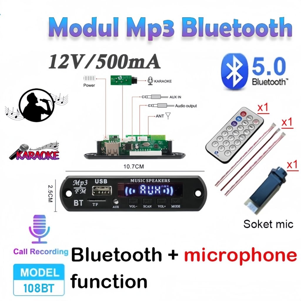 Modul Bluetooth kit mp3 USB AUX FM RADIO 12v with remot Receiver Original VTF-108BT