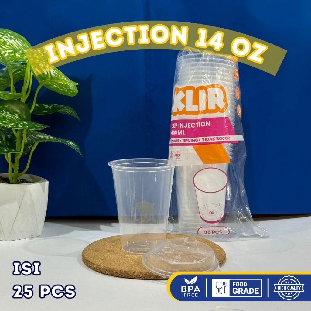 [25PCS] Gelas Plastik Injection KLIR Bening Transparan + Tutup14oz / Gelas Kopi Stawless / Cup Minum