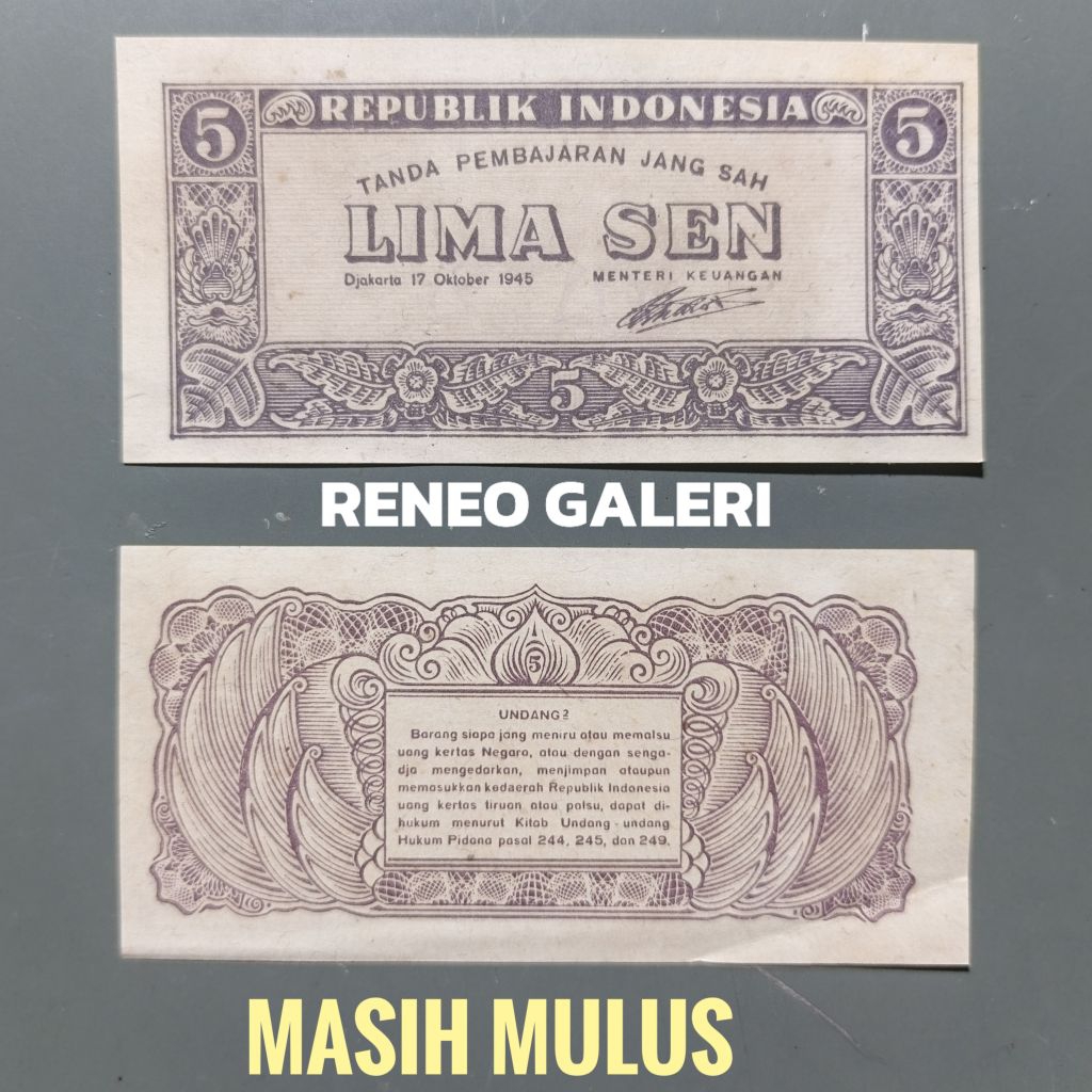 Mulus asli 5 Sen Seri ORI Tahun 1945 Uang kertas kuno duit jadul lawas lama original antik 0,05 Rupi