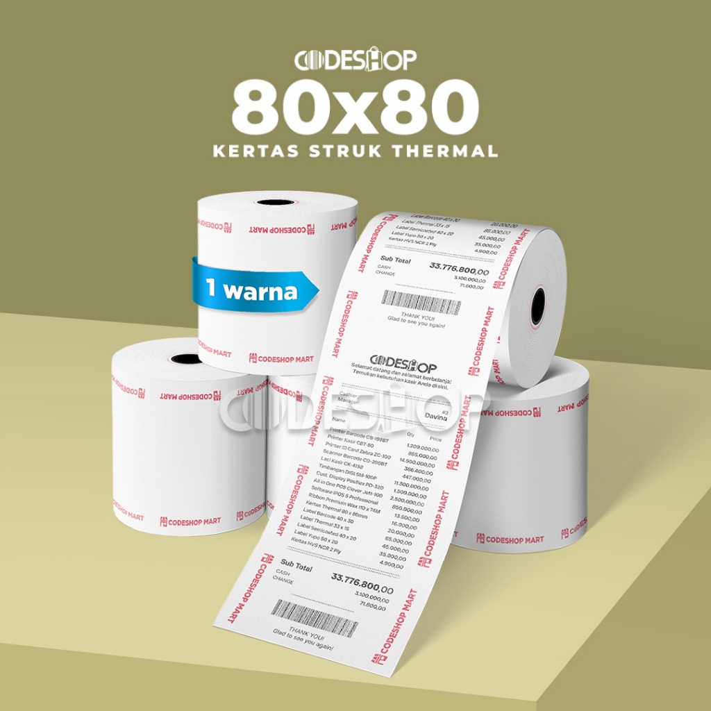 

Codeshop Kertas Kasir Custom Thermal 80x80mm Struk Paper Roll 80 x 80 Satu Warna 80x80 mm