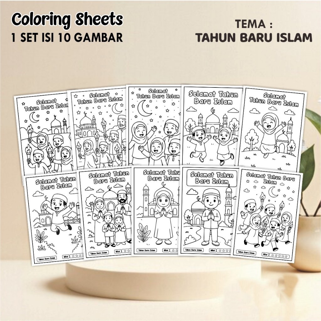

Kertas Lembar Mewarnai Anak A4 - Coloring Sheet Satuan Tema TAHUN BARU ISLAM - PHBI PHBN