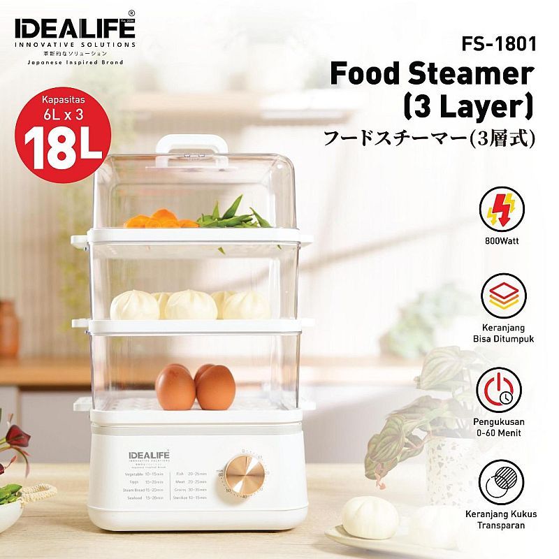 IDEALIFE - Food Steamer – Pengkukus Makanan (3 Layer) - FS-1801