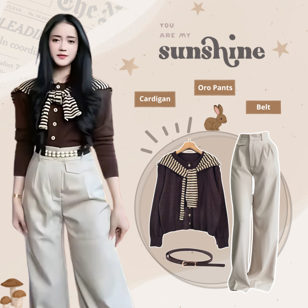 Outfit Wanita Kekinian (Cardigan Rajut Choco + Oro Pants + Belt Coklat) Casual Earth Tone - LW38
