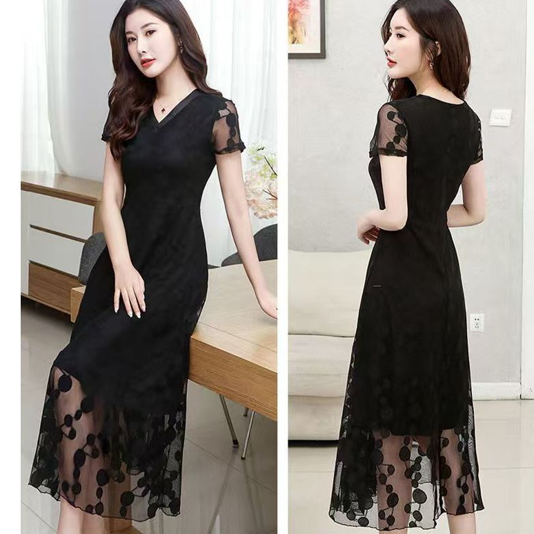 【Ready】Dress Korea Hitam Brukat Premium/Dress Pesta Mewah Elegan Korea Terbaru
