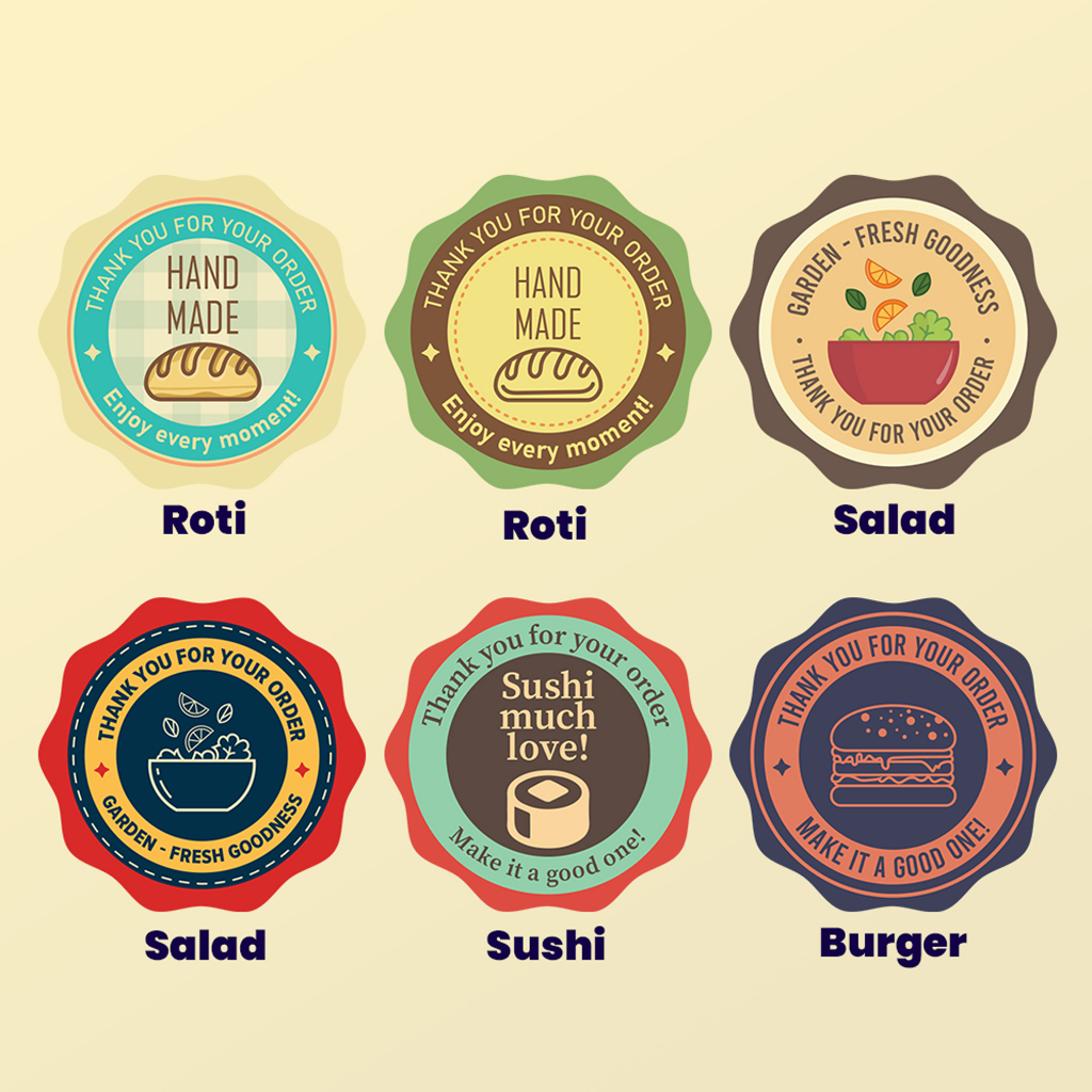 

Stiker Label Kemasan Makanan Murahi Berbahan Chromo+Cutting