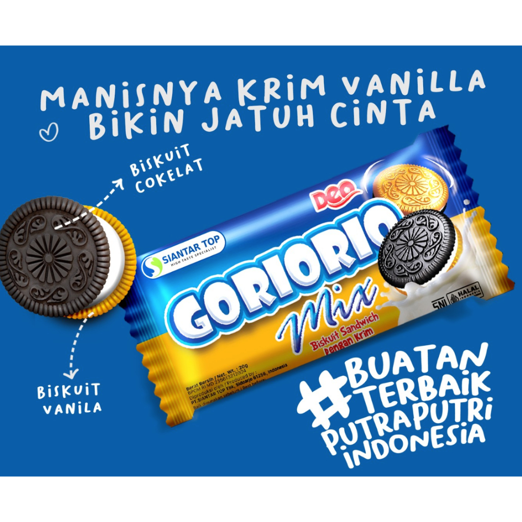

Snack Goriorio Mix Biskuit Biscuit Sandwich Cokelat Vanilla Pouch 7,6gr isi 10 packs