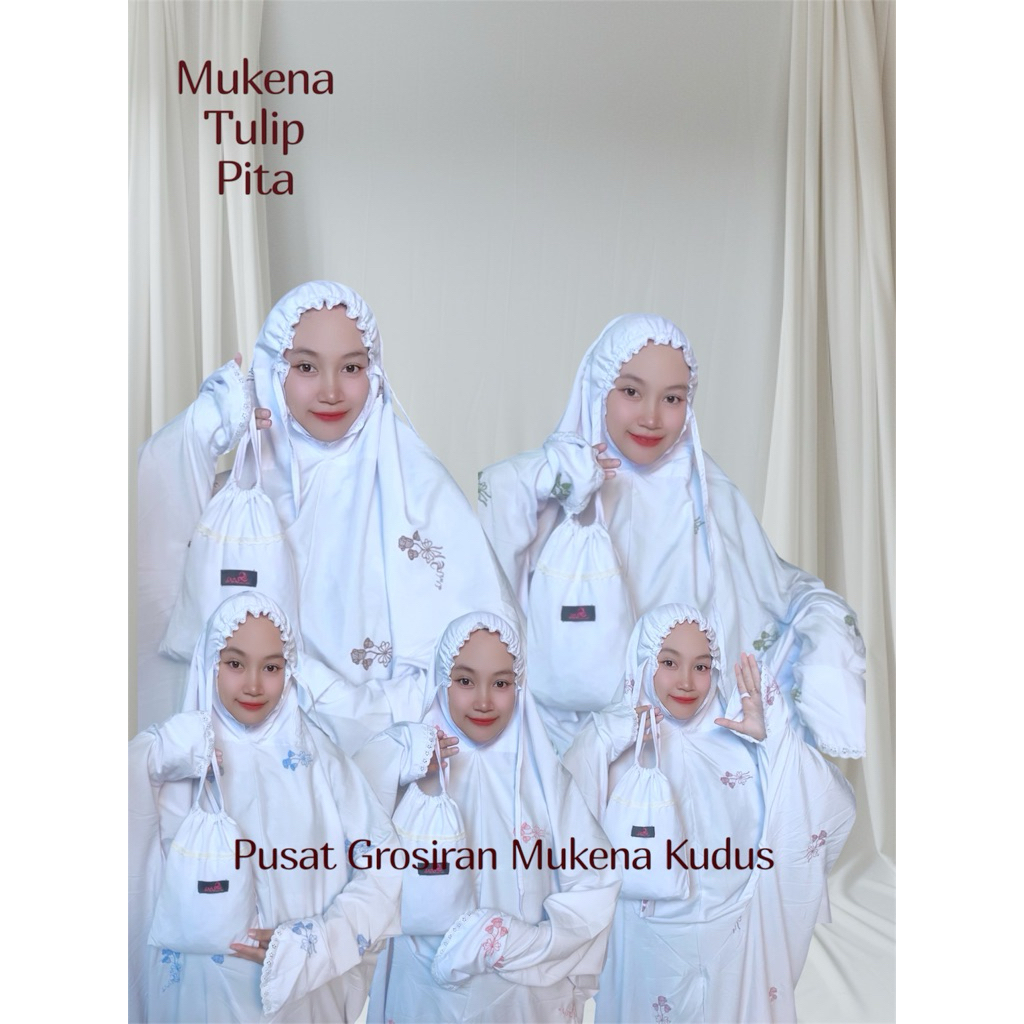 MUKENA TERUSAN LAJURAN PUTIH BORDIR PITA TULIP TIMBUL