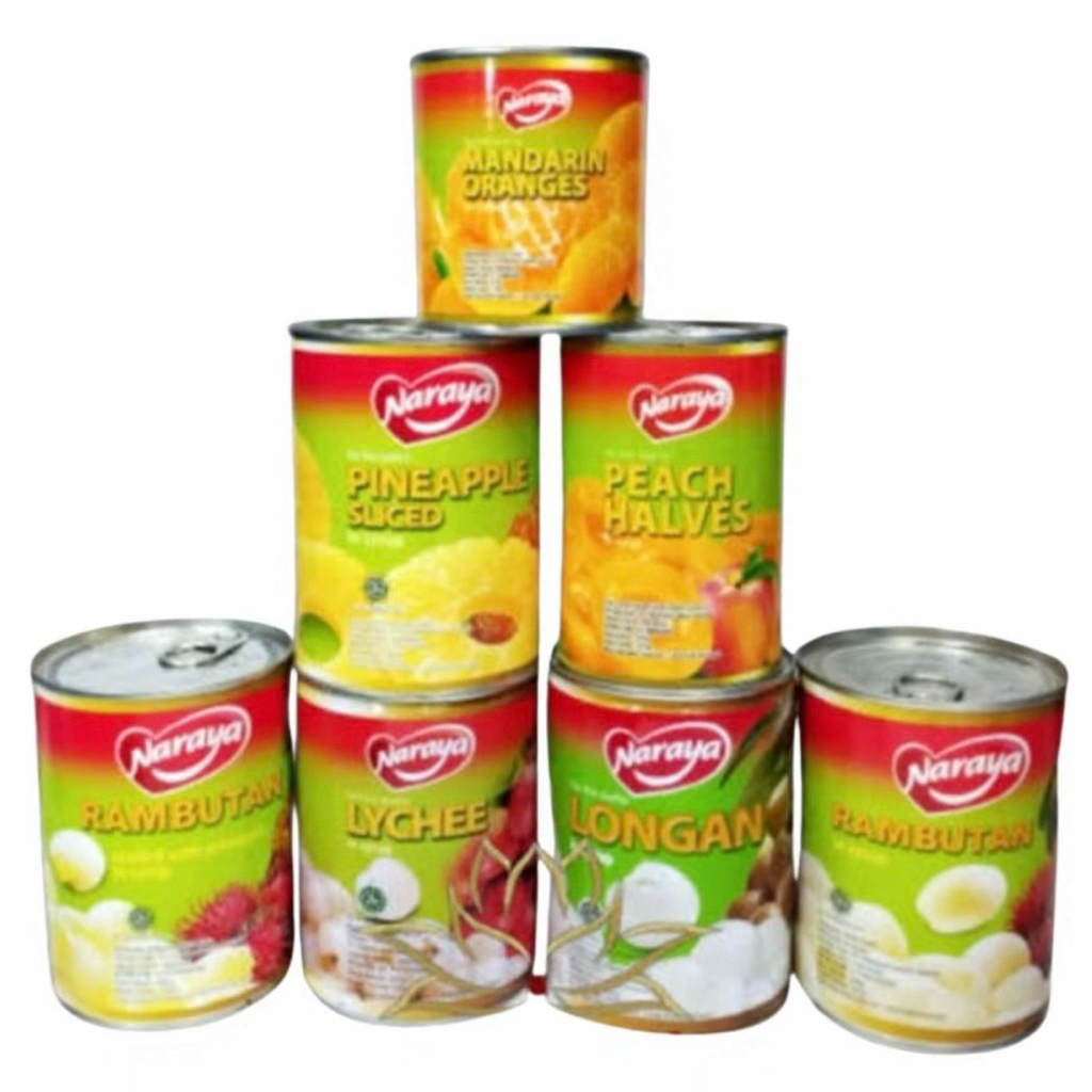 

Naraya Longan / Kelengkeng / Lychee / Leci / Mandarin Orange / Peach / Rambutan / Rambutan Nanas / Fruit Cocktail / Buah Kaleng Dalam Sirup HALAL