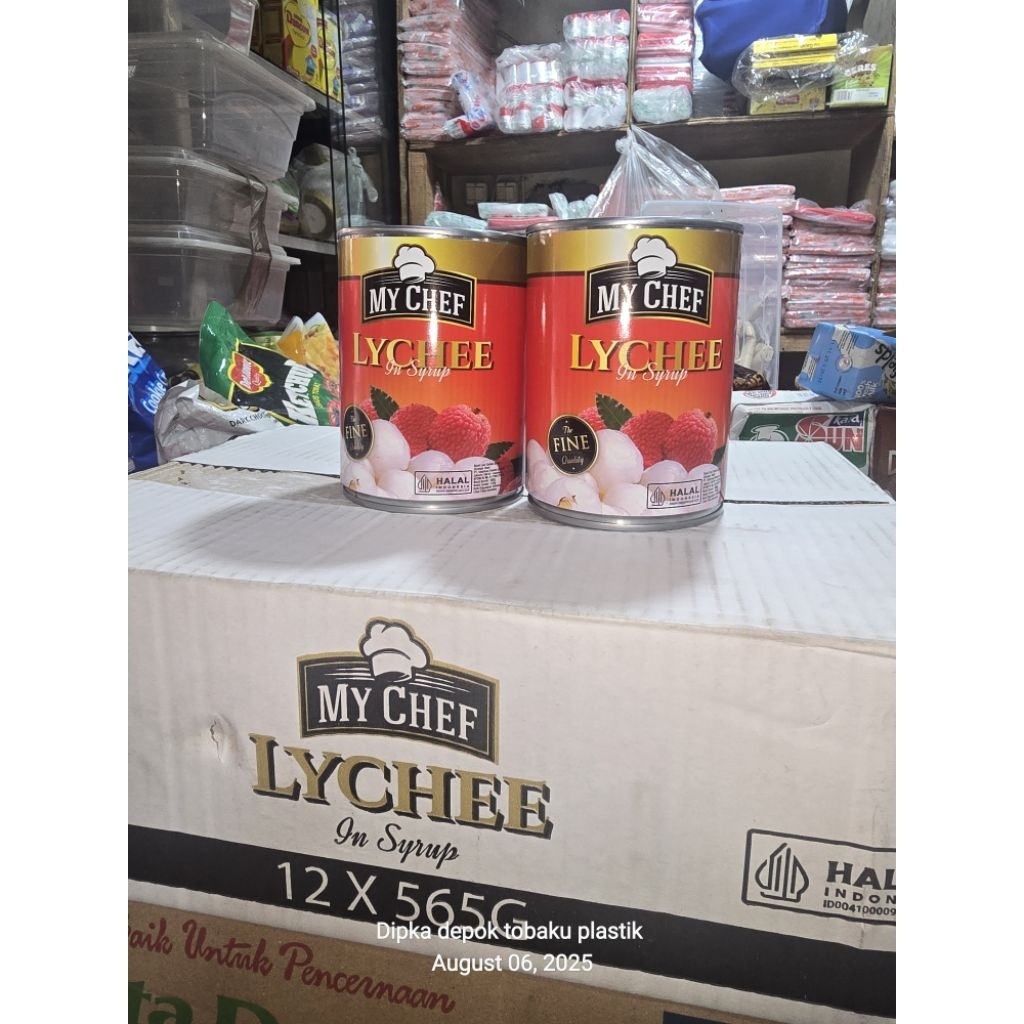 

my chef leci lychee can kaleng kemasan 565gram ecer dan per karton 1 dus isi 12