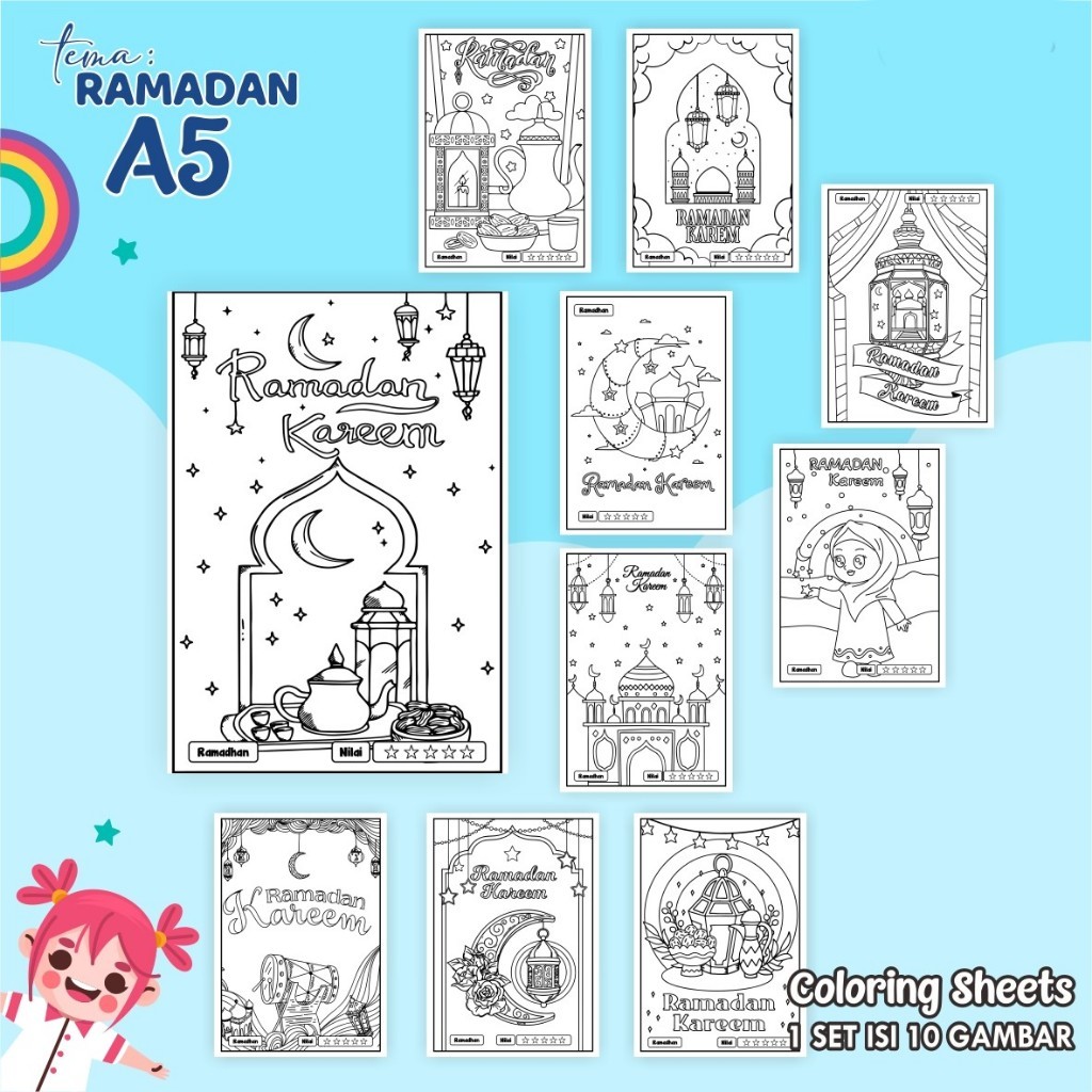 

Kertas Lembar Mewarnai Anak A5 - Coloring Sheet Satuan Tema RAMADHAN - PHBI PHBN Kertas Tebal