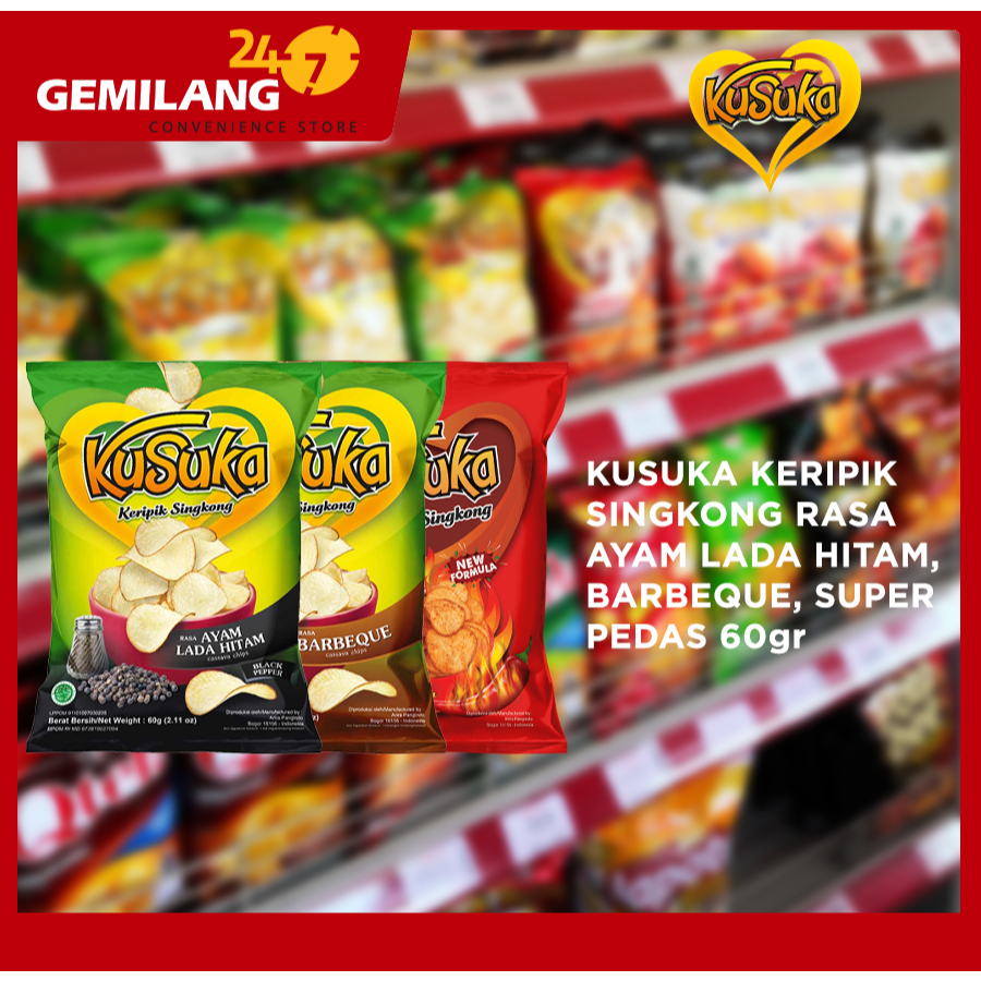 

KUSUKA KERIPIK SINGKONG RASA AYAM LADA HITAM, BARBEQUE, SUPER PEDAS 60gr