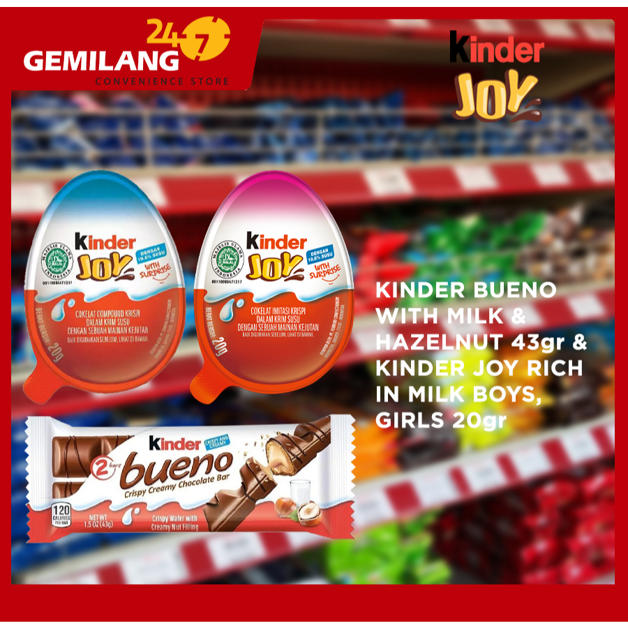 KINDER BUENO WITH MILK & HAZELNUT 43gr & KINDER JOY RICH IN MILK BOYS, GIRLS 20gr