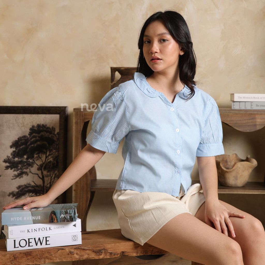 BEST SELLER NEVA STYLE - SOMI BLOUSE KATUN STRIPE OOTD KOREAN STYLE / KEMEJA WANITA LENGAN PENDEK