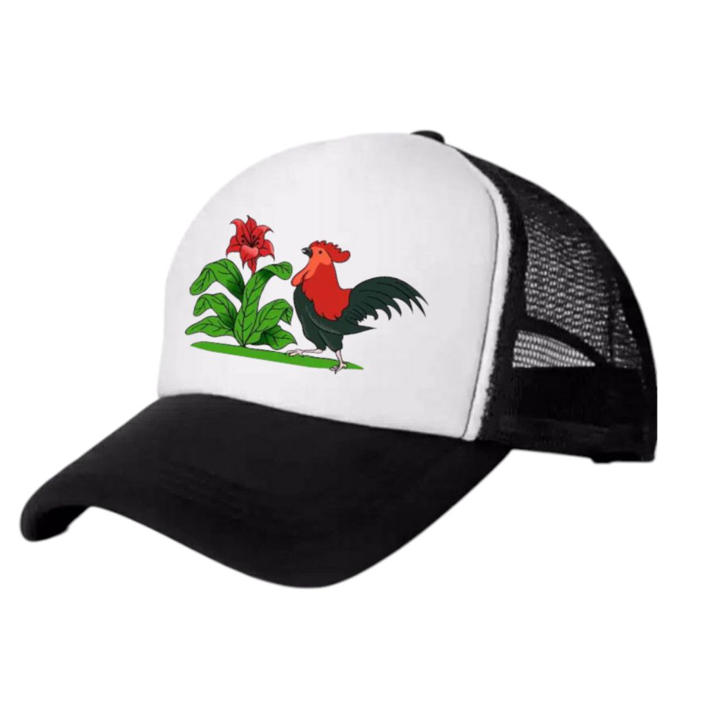 Topi Jaring Custom Mangkok Ayam Topi Trucker Hat dengan Desain Ayam dan Bunga Merah Hijau Dewasa Hit