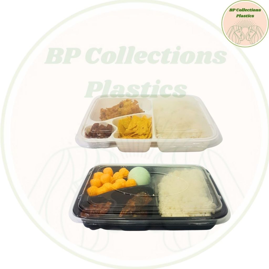 1 PAK 50 pc MIKA BENTO SEKAT 4 KOTAK TRAY MIKA TEBAL BOX HITAM PUTIH TEBAL THINWALL BENTO ECER