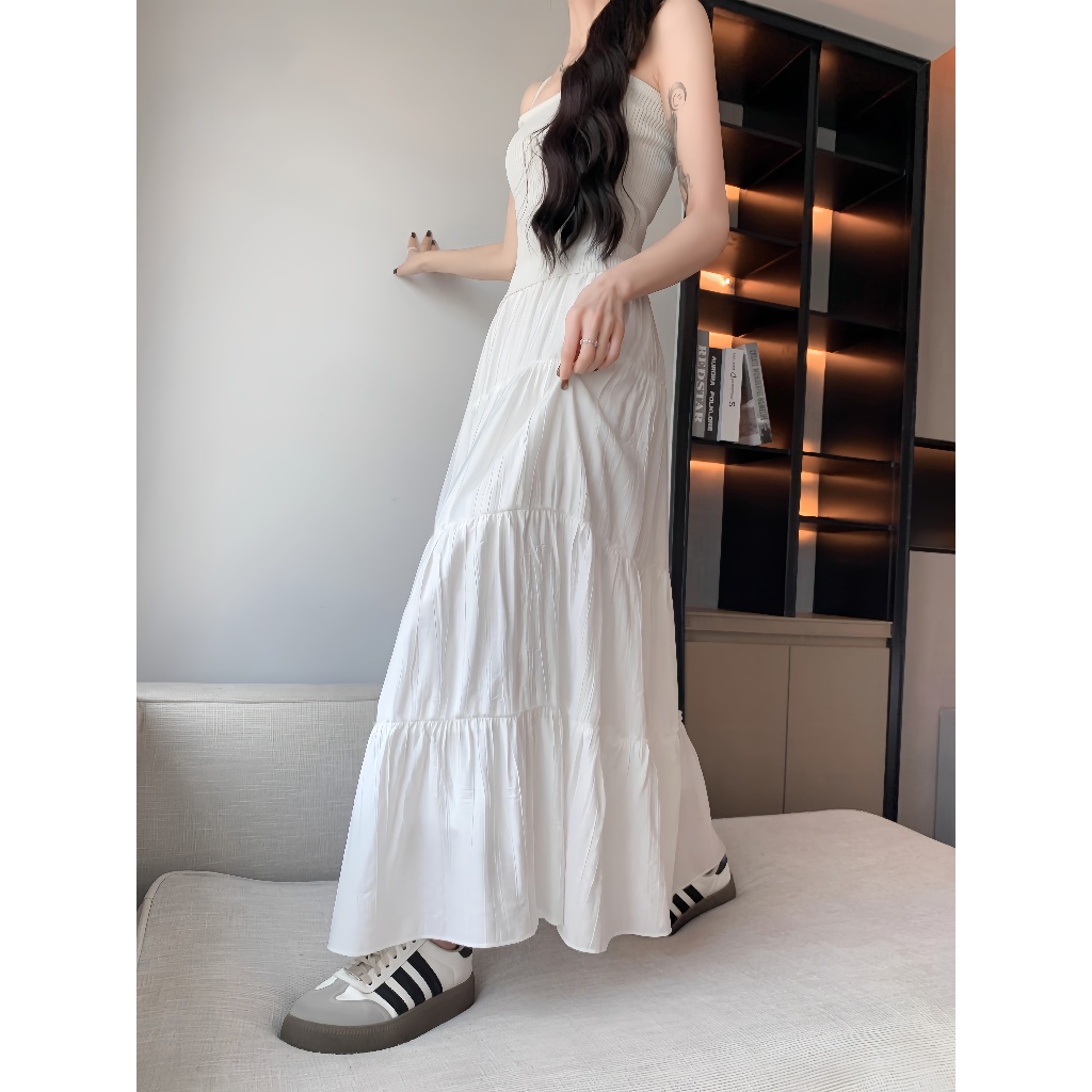 Rok Panjang Wanita Putih 2025 – Model A-Line, Rok Gantung, Gaya Korea, Rok Layer Cake, Cocok untuk W