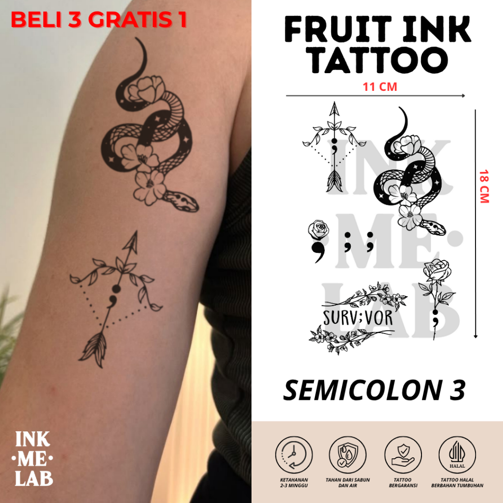 INKMELAB - SEMICOLON 3 Fruit Ink Temporary Tattoo 11X18CM - Tato Temporer Semi Permanen Tahan 3 Ming