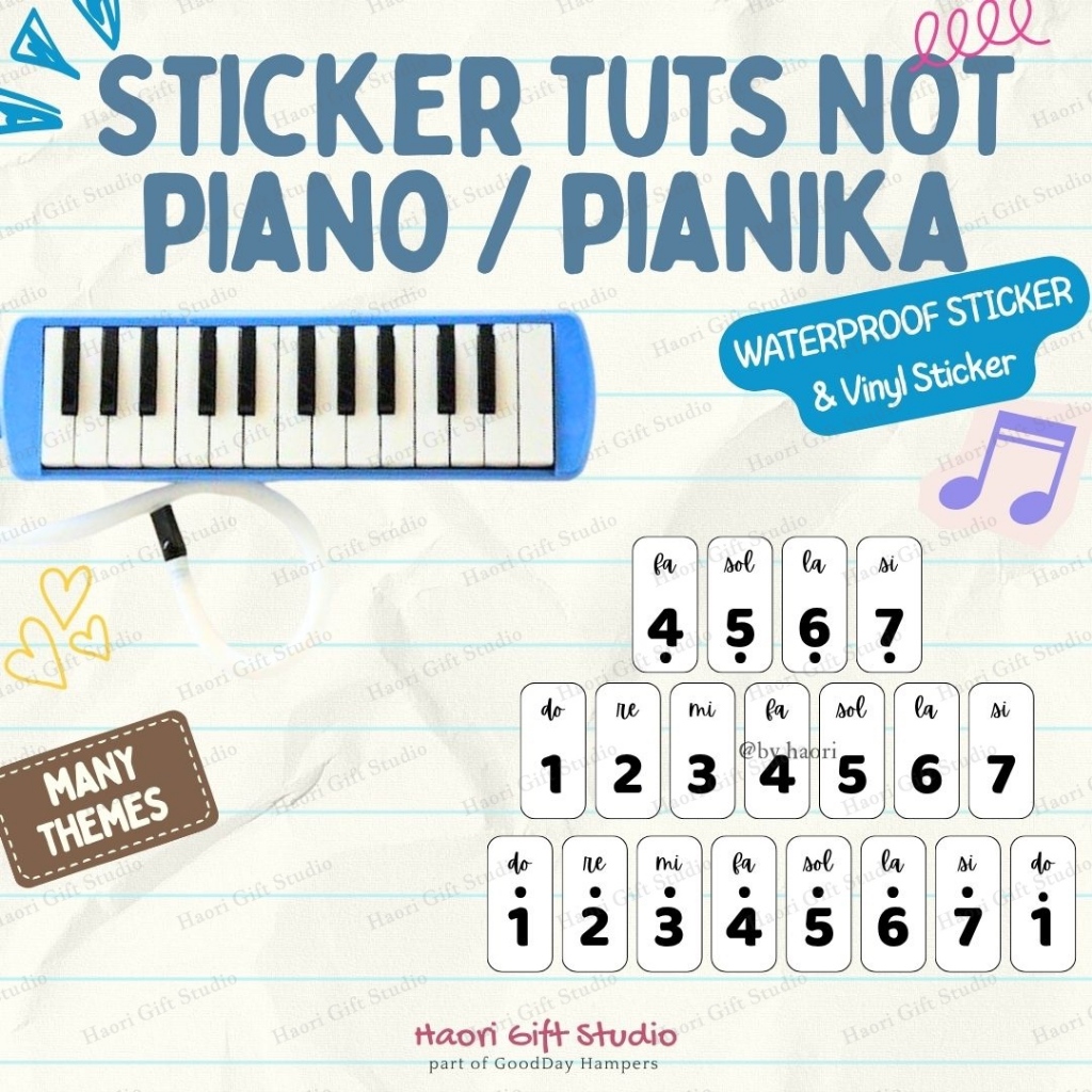 

[1 set 19 pcs] Sticker Tuts Not Notes Pianika Piano Waterproof & Vinyl Stiker Tahan Air Tema Sticker Not Angka