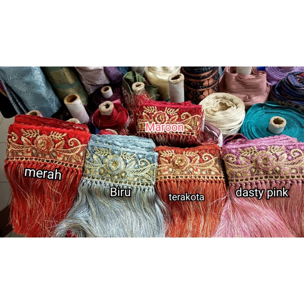 Kain Rumbai Renda Bordir songket /Set Renda bordir ujung selendang