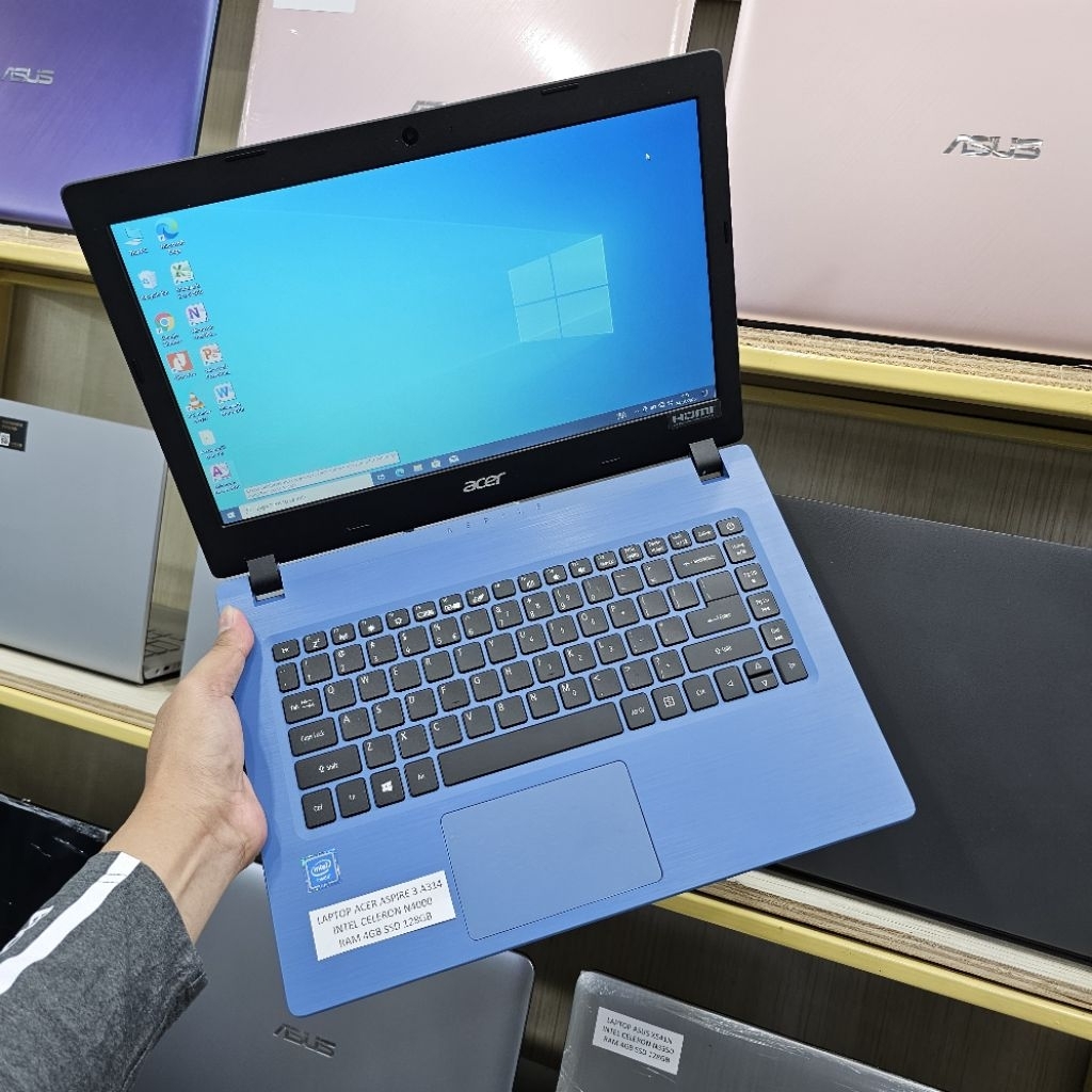 LAPTOP LEPTOP ACER ASPIRE 3 A314 INTEL CELERON N4000 RAM 8GB SSD 256GB WARNA BIRU GENERASI TERBARU M