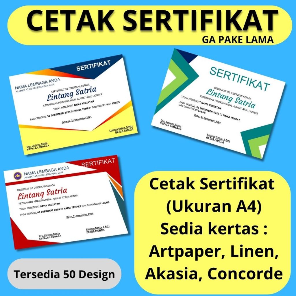 

Cetak Sertifikat Custom A4 / Cetak Sertifikat Pelatihan