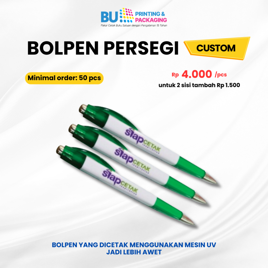 

Bolpen Persegi Custom Desain UV Print | Pulpen Promosi Cetak Permanen