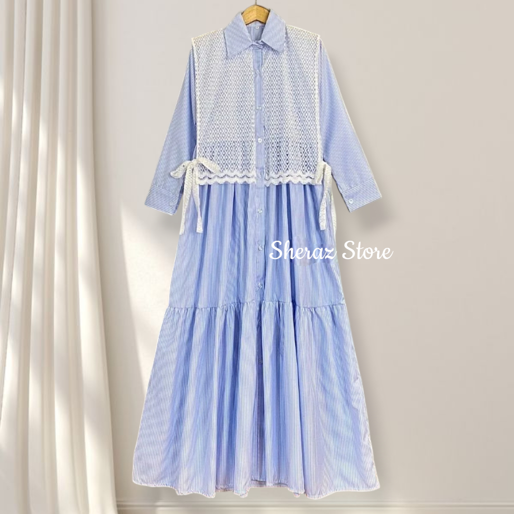 Kania S M L XL XXL Gamis Dress Katun Salur Mix Vest Brokat Wanita Remaja Kekinian Jumbo Ld 120 - 92 