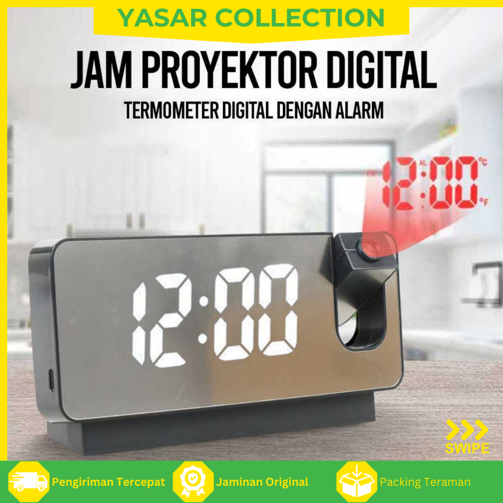 Jam Meja Alarm Cermin Jam Meja Digital Proyektor Temperature FM Radio - Hitam