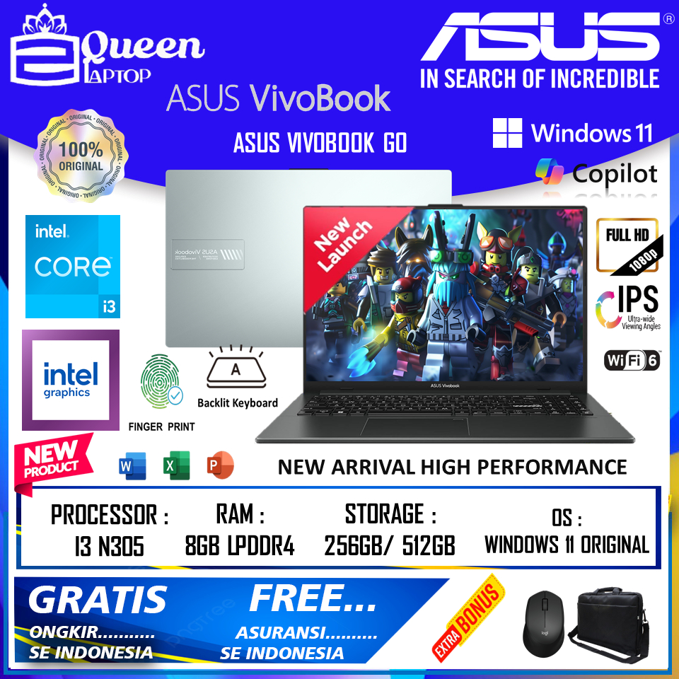 Laptop Baru Asus Vivobook GO 14 GO 15 E1404GA INTEL I3 N305 RAM  8GB 512GB SSD windows 11 termurah