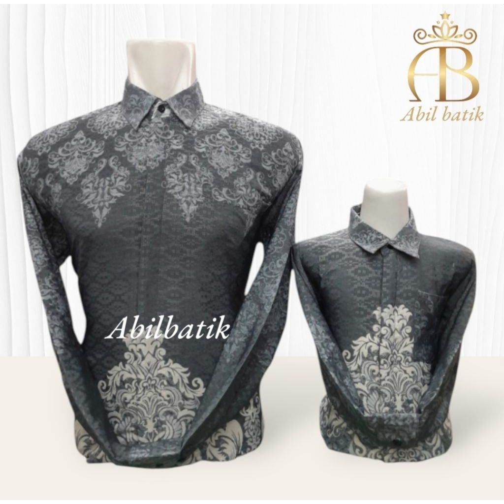 Kemeja Batik Couple Ayah dan Anak Dobby Serat Premium Abu Abu