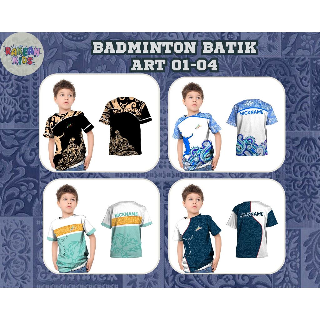 Baju Kaos Tshirt Jersey Anak Badminton Batik Olahraga Bulutangkis Art 01-04 Full Printing Free Custo
