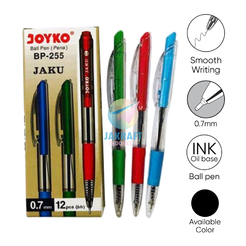 (12 Pcs) Pulpen Bolpen Pen Klik JOYKO BP-255 Hitam Black 0.7 mm Murah Anti Macet Warna Warni