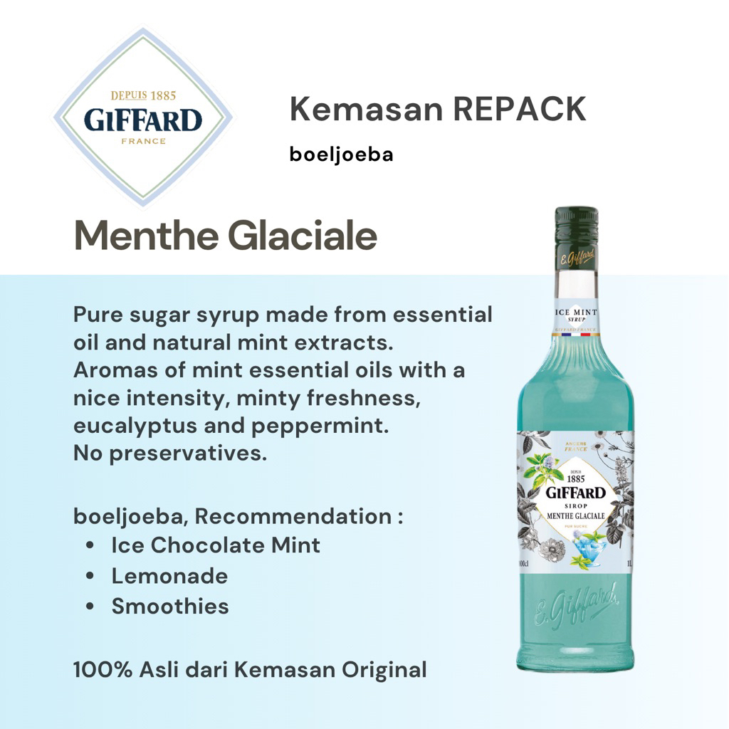 

Giffard Menthe Glaciale (Mint) Syrup Repack [30, 50, 100] g / Perfect for Ice Chocolate Mint!