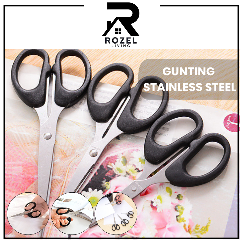 

ROZEL Gunting Serbaguna Kertas Kain Plastik Dapur Daun Benang Emigo Besar Sedang Kecil Multifungsi Gagang Hitam Bahan Stainless Steel