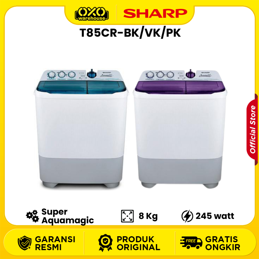 SHARP Mesin Cuci ES-T85CR-BK/VK/PK 2 Tabung 8kg Teknologi Aquamagic Low Watt Garansi Resmi