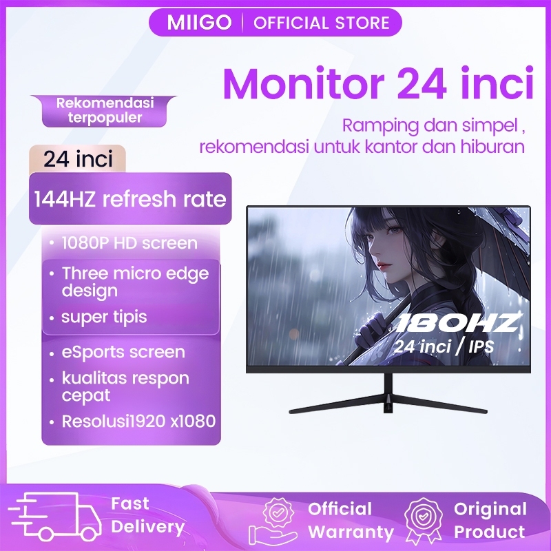 MIIGO- Monitor, Monitor Game Profesional, Monitor 24 Inci, Tampilan Lengkung, Panel IPS, (144HZ/165H
