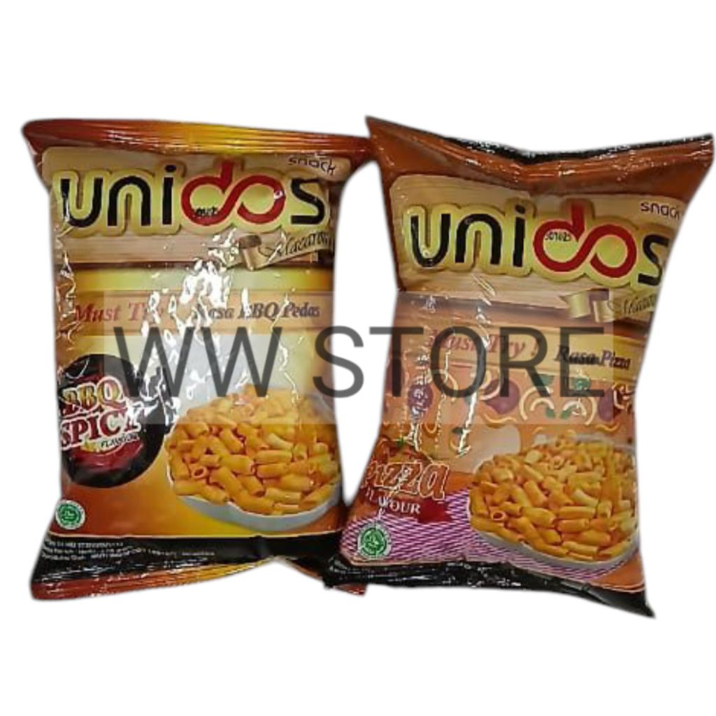 

Cemilan snek makanan ringan makaroni rasa barbekiu barbekue BBQ Pedas Pizza halal MUI unidos snack Macaroni 68g