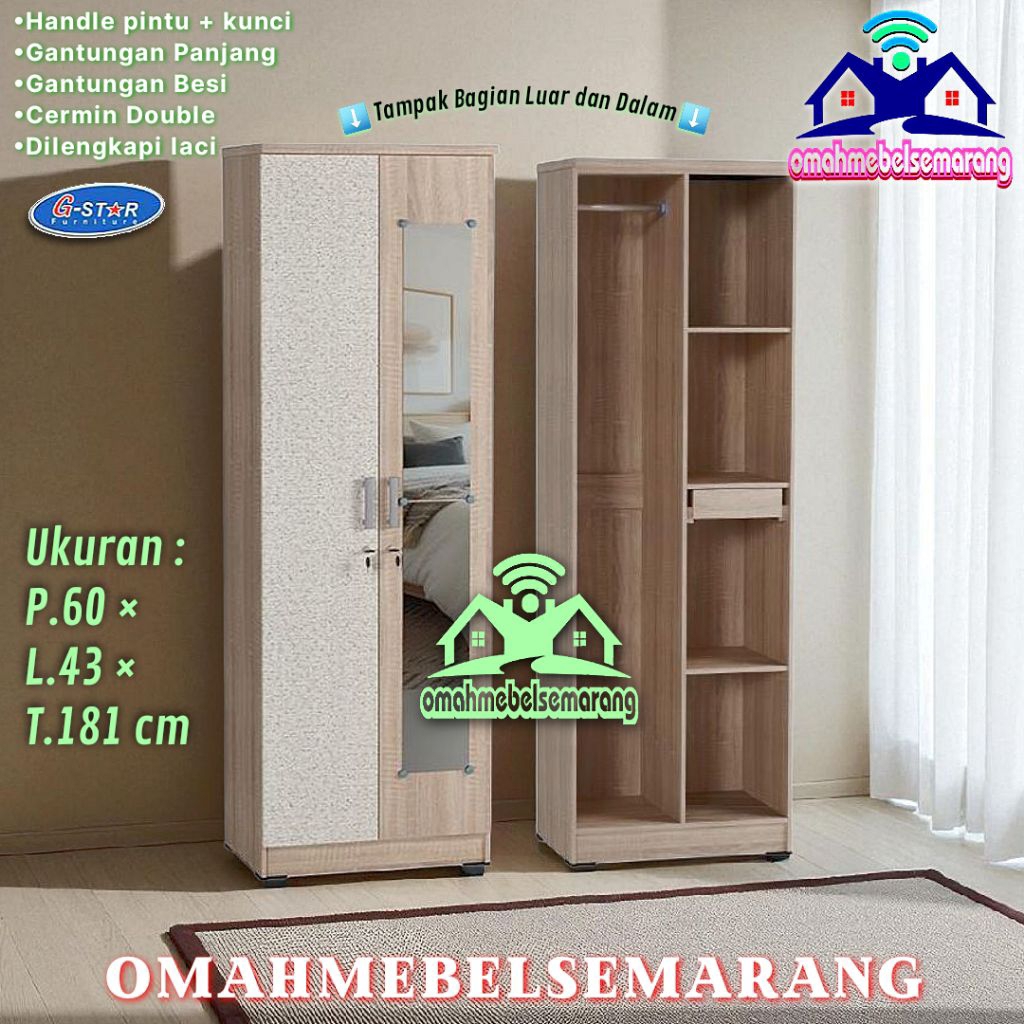 Lemari pakaian 2 pintu kaca ukuran 60 GSTAR LCM2 FLORIN tempat rak baju minimalis slim Furniture Meb