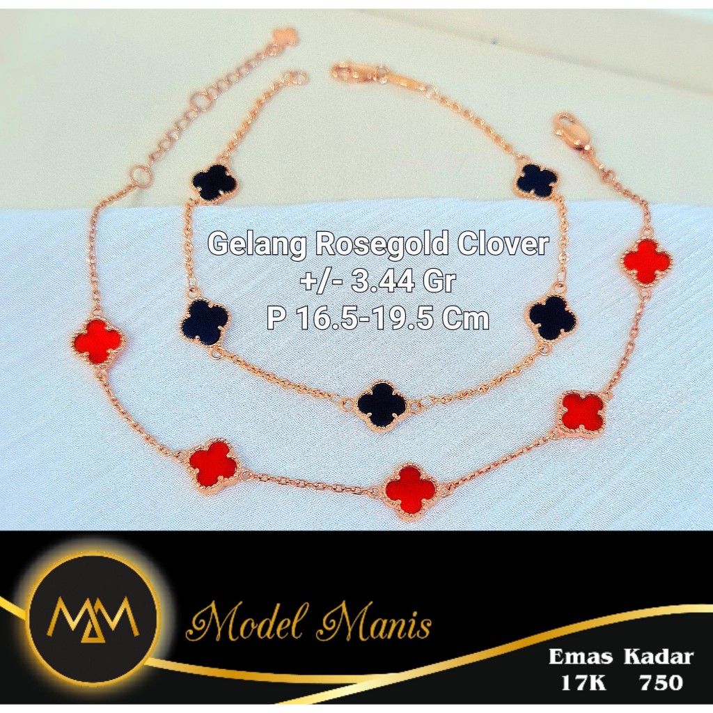Model Manis Gold - Gelang Clover Black - Red Italy Rosegold - Emas 17k  750